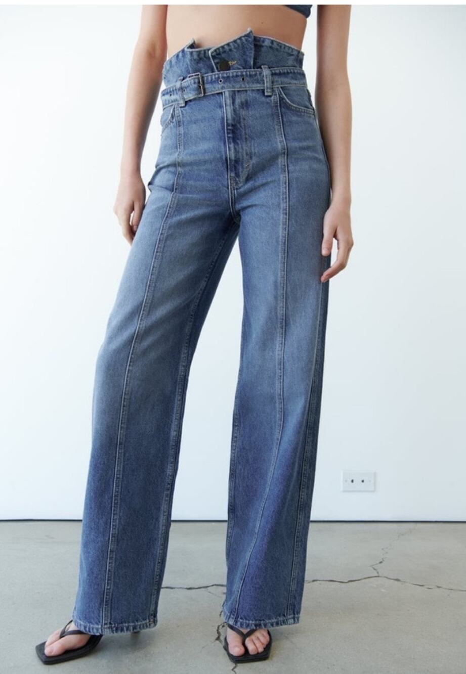 Zara Pleated Paperbag Wide Leg Jeans Size 4 Baggy High Rise Belted Barrel Denim